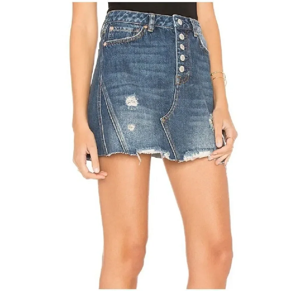 FREE People We the Free From Revolve Button Up Distressed Jean Skirt Size 26